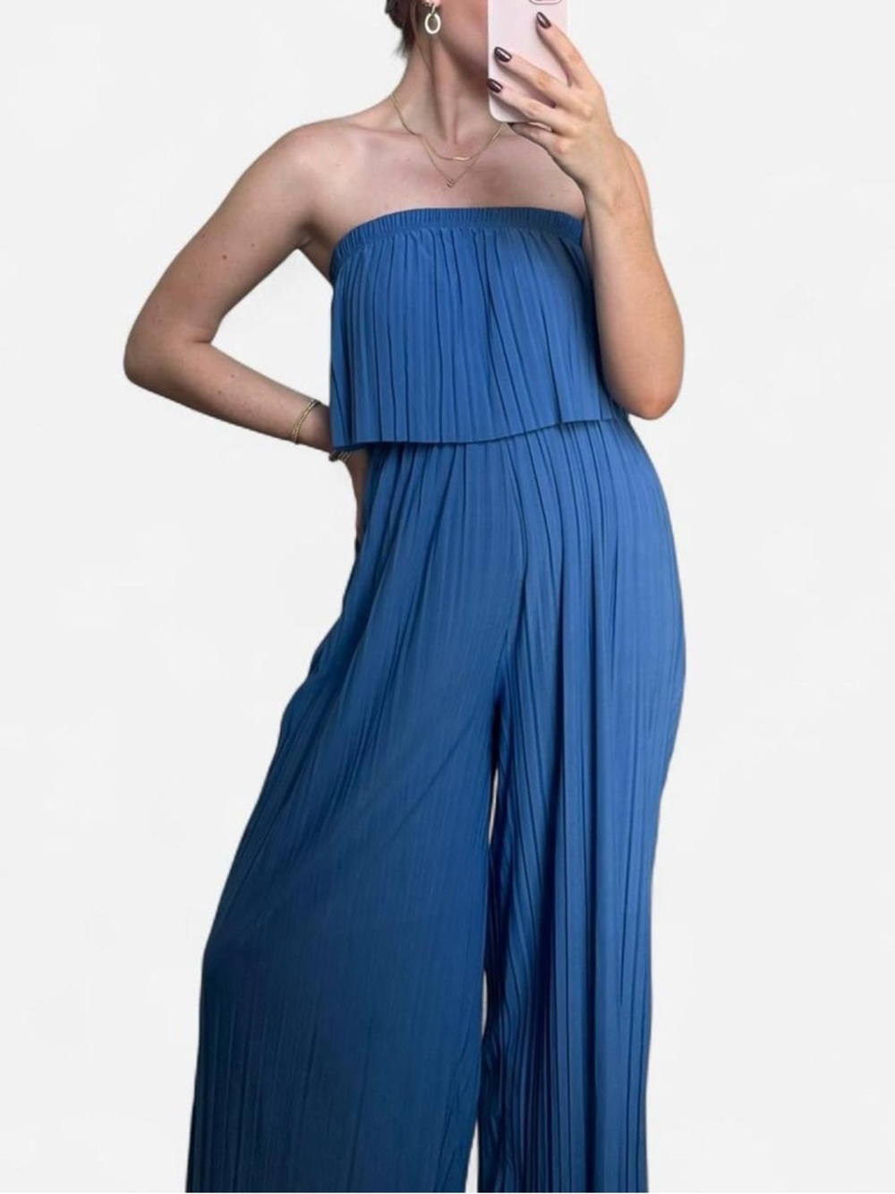 Strapless Pleated Wide-Leg Jumpsuit - Royal Blue